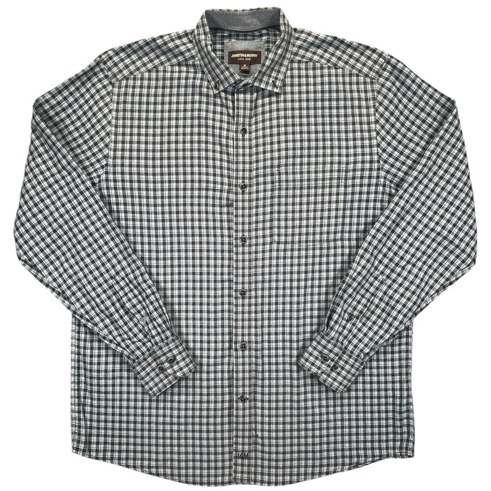 Johnston & Murphy Men’s M Long Sleeve Button Down Navy Light Blue Plaid Shirt